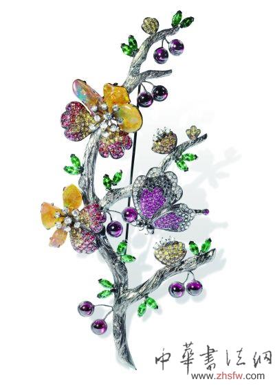 千代设计 彩钻澳珀红蓝宝石18K乌金胸花兼吊坠