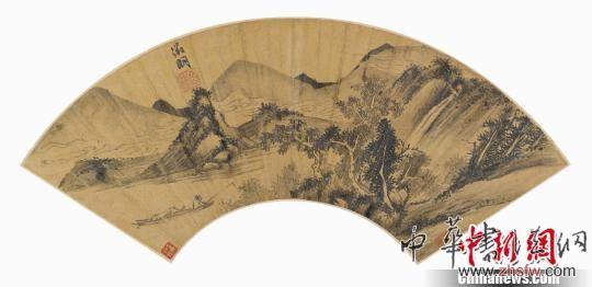 图为明代中期最著名的画家、大书法家文徵明金笺扇面《垂钓图》的
